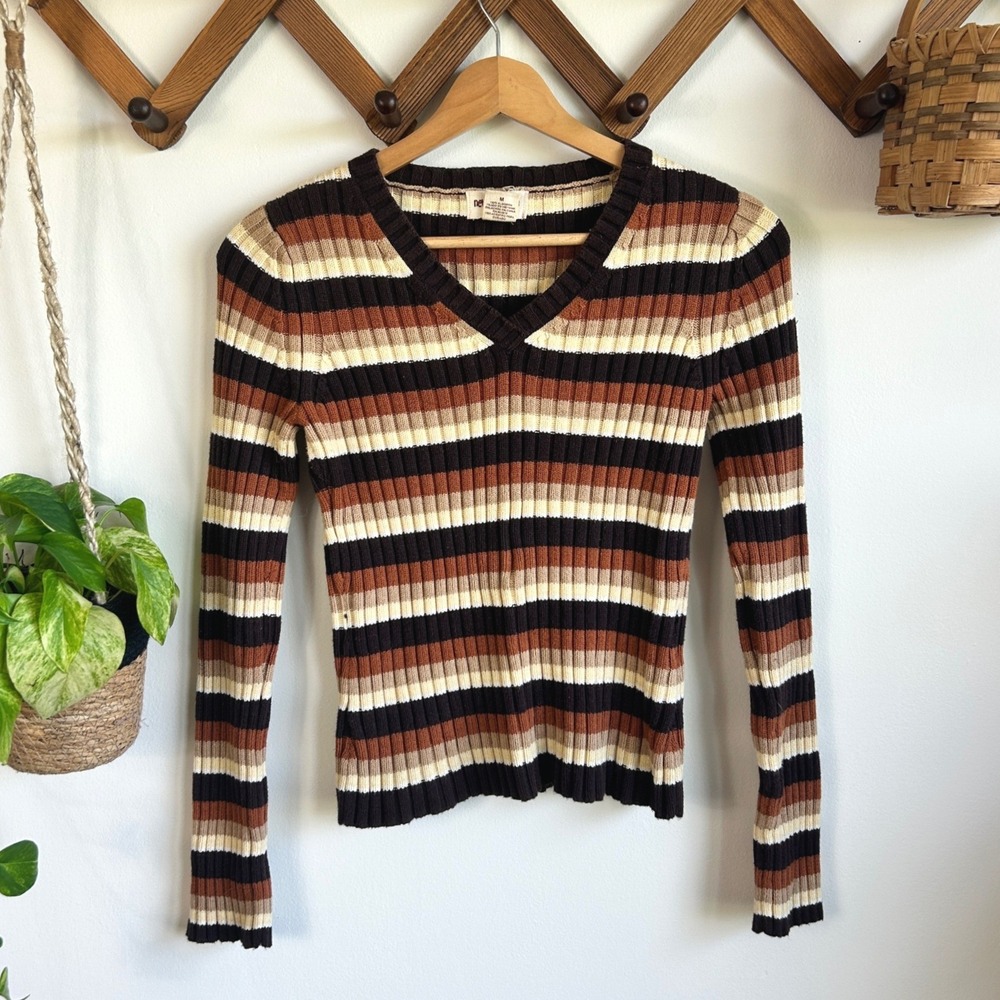 New Direction Brown Striped Ribbed V-Neck Cotton Sweater Medium Fall Cozy
